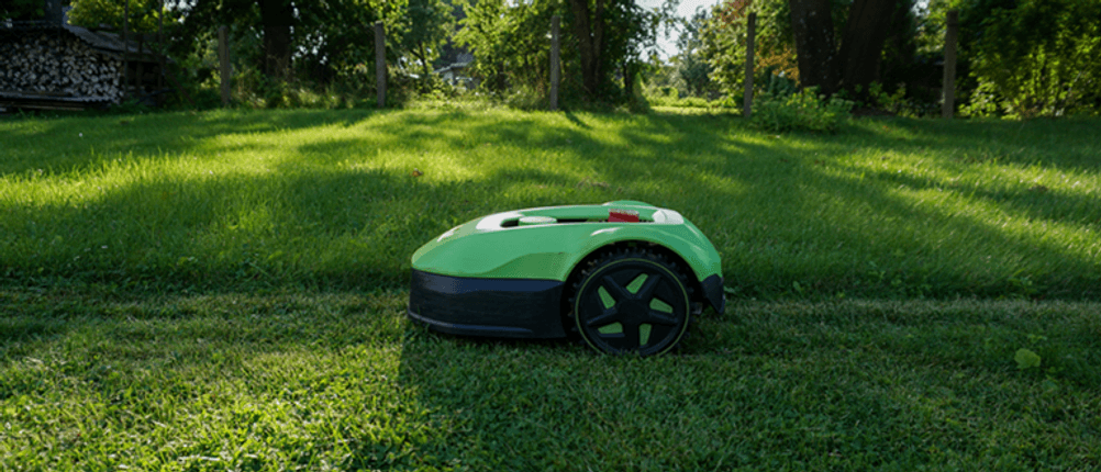 Mährobter ohne Begrenzungskabel im Test:: Ein Mähroboter fährt über eine Wiese.