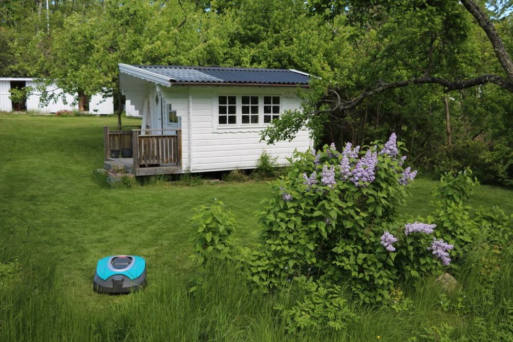 Ein Mähroboter läuft auf einer großen Rasenfläche, im Hintergrund eine helle Gartenhütte.