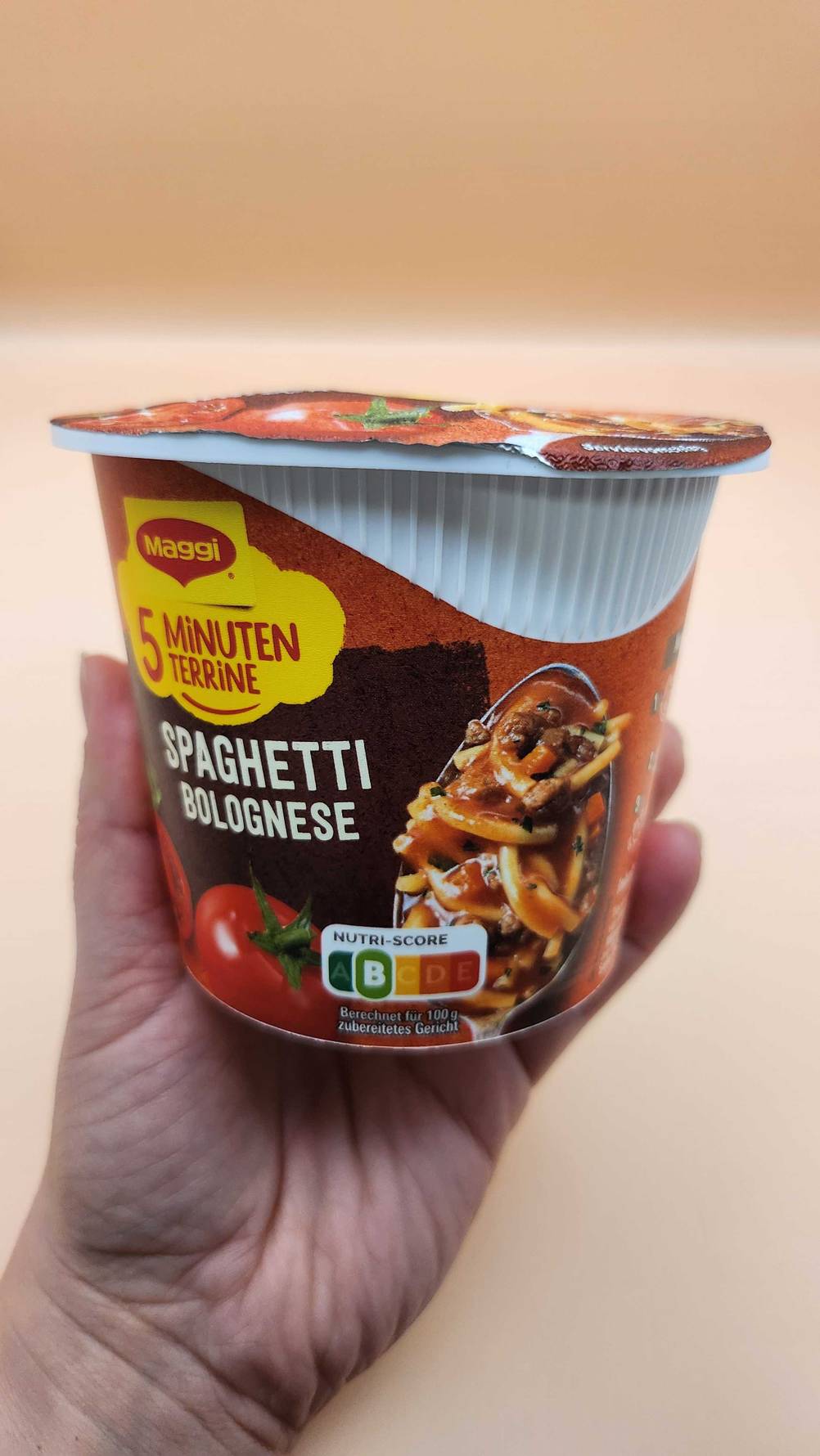 Eine Hand hält eine Maggi-5-Minuten-Terrine im Test vor eine helle Wand.