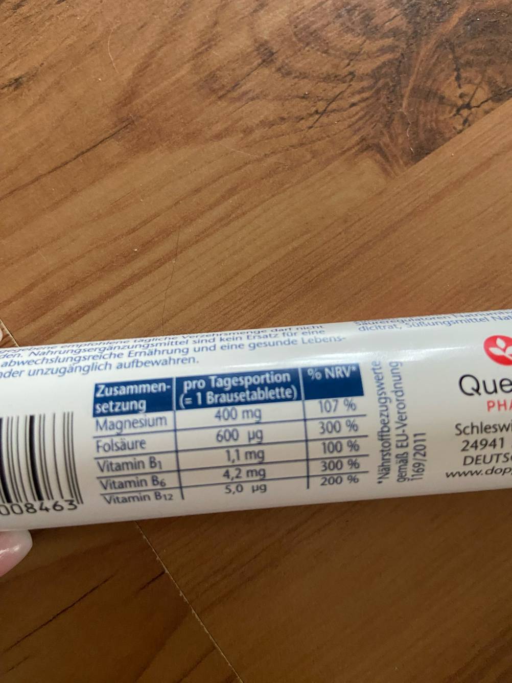 Magnesiumpräparat getestet: Nahaufnahme der Zusammensetzung auf der Verpackung.