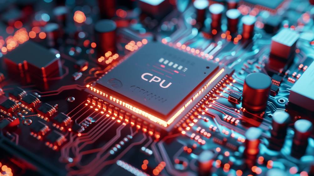 Nahaufnahme einer CPU auf einem getesteten Mainboard. Einige Komponenten sind rot beleuchtet.
