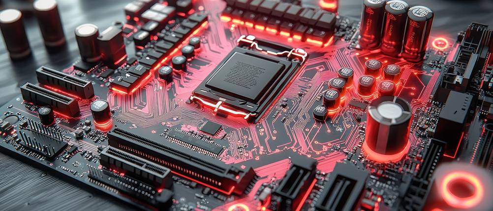Mainboard-Test: Ein Mainboard in Nahaufnahme. Die Komponenten sind teilweise mit rotem LED-Licht hinterlegt.