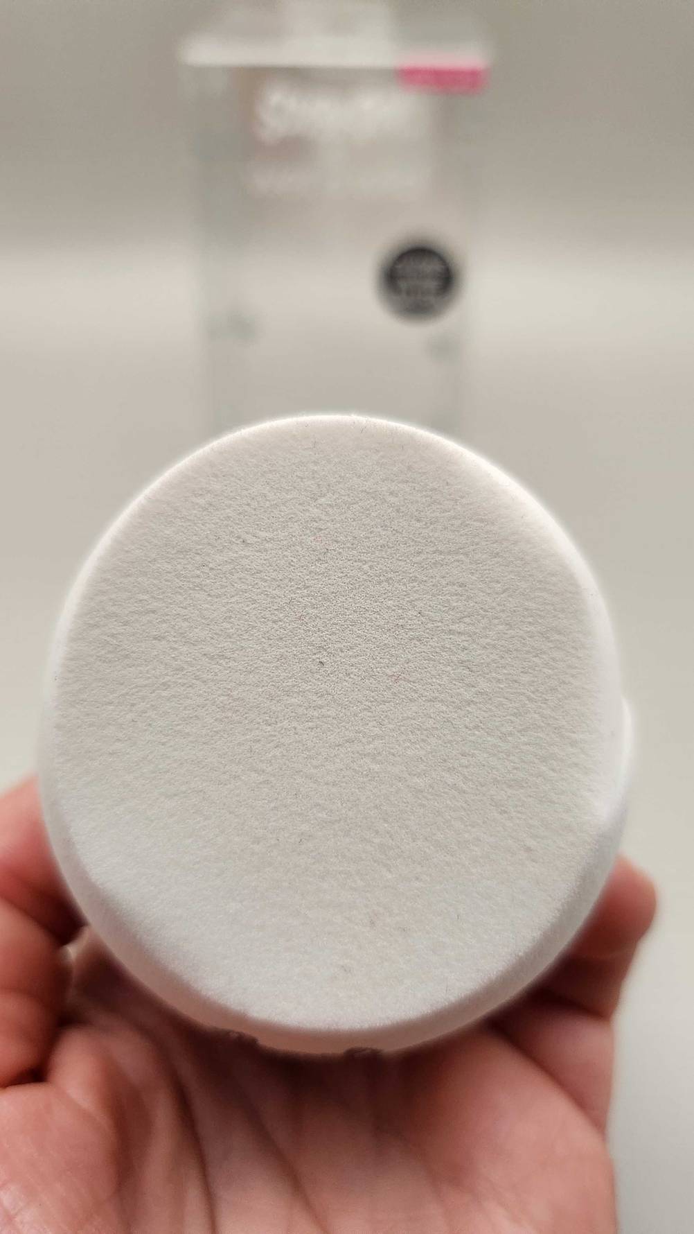 Eine Hand hält den Make-up-Schwamm im Test mit der flachen Seite nach oben.