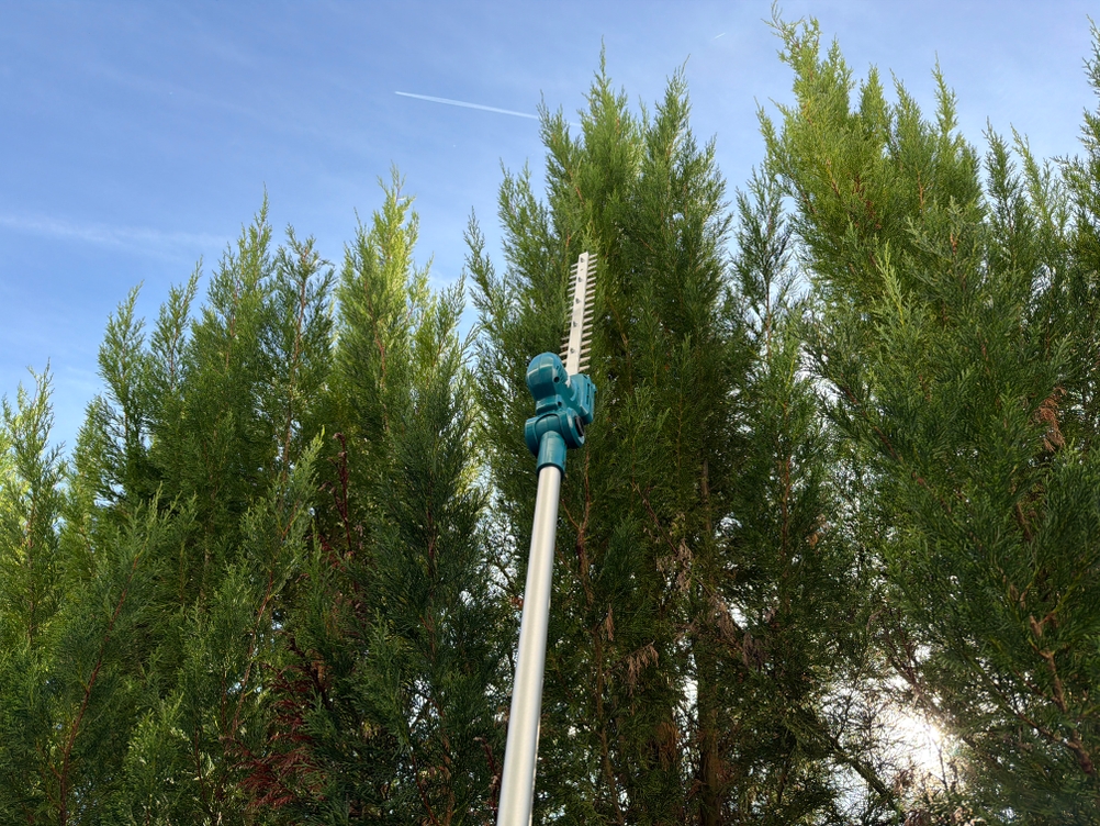 Mit der Makita DUN461WZ wird eine Hecke geschnitten.