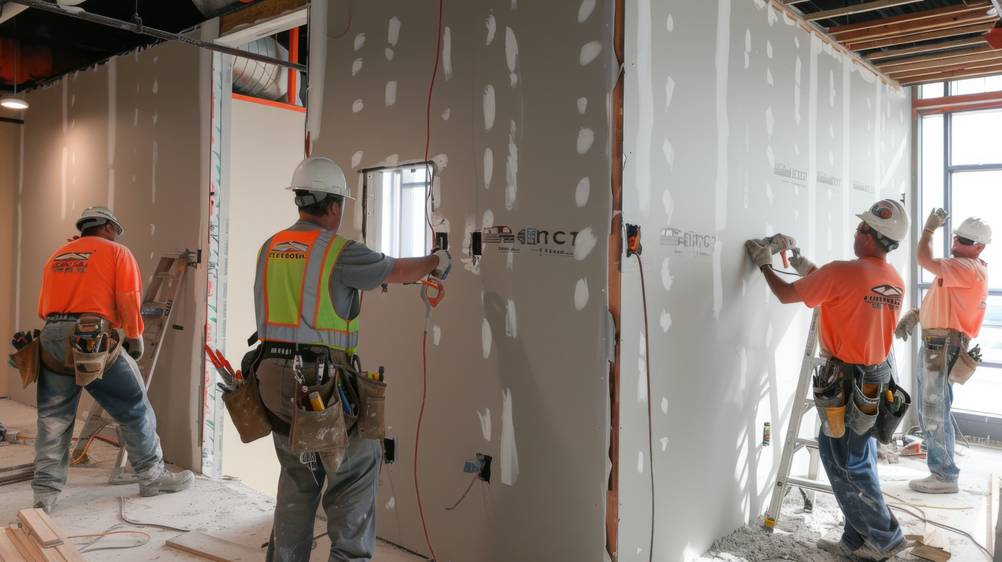 Makita-Trockenbauschrauber im Test: Eine Trockenbau-Baustelle mit mehreren Handwerkern, die an den Gipskartonwänden arbeiten.