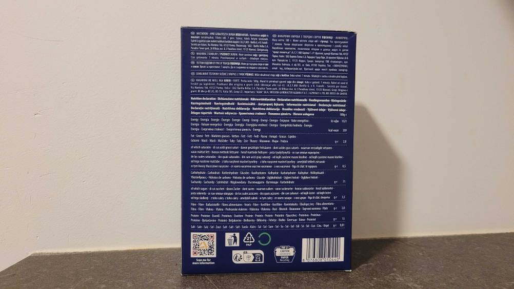 Rückseite der Verpackung der getesteten Makkaroni.