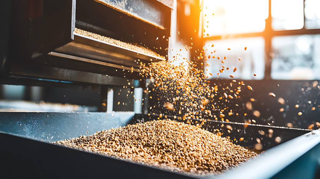 Malzmühle-Test: Auf einer Malzmühle spritzt geschroteter Malz in einen Trichter. 