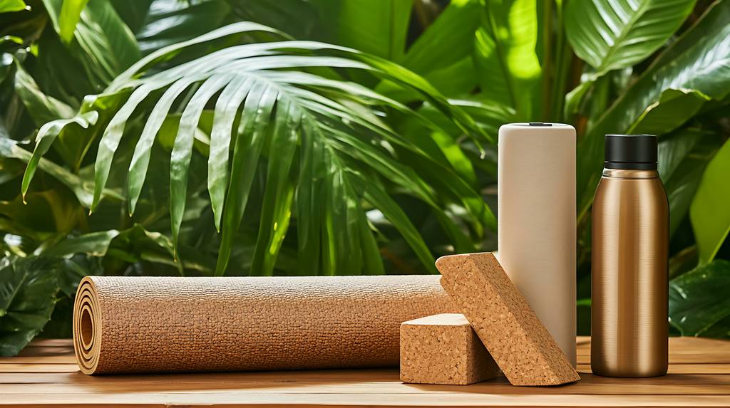 Manduka-Yogamatte-Test: Auf einer Holzterasse liegen eine Yogamatte, Yogablöcke und eine Wasserflasche. 