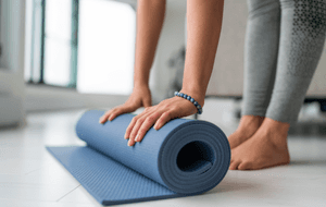 Manduka-Yogamatte-Test: Eine Frau rollt eine Yogamatte zusammen. 