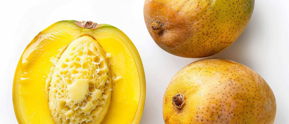 Mangoschneider-Test: Reife Mangos liegen neben einer halben Mango mit Kern.