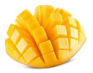Mangoschneider-Test: In Würfel geschnittene Mangohälfte.