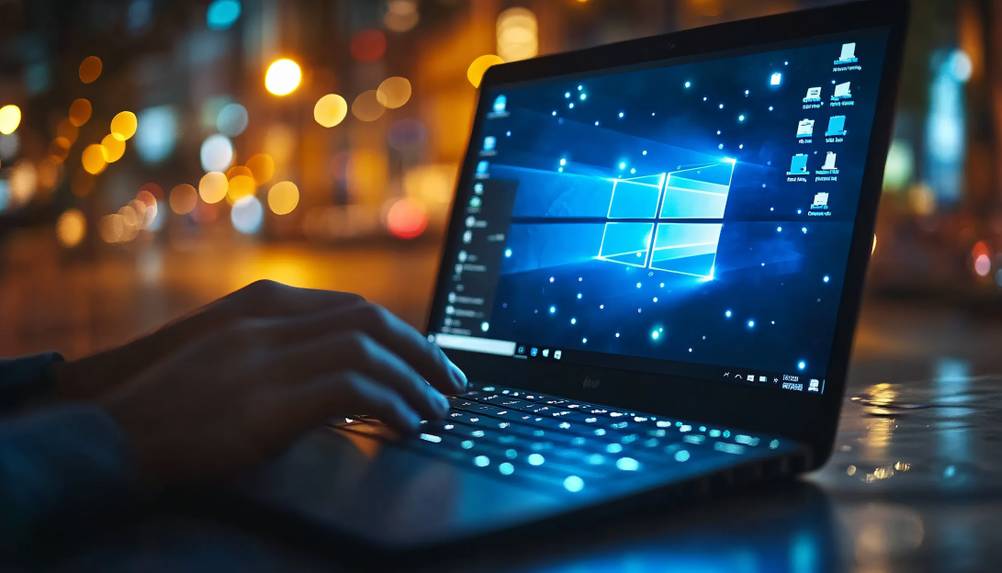Ein Mann arbeitet an einem getesteten Laptop bis 400 Euro. Man sieht nur seine Hände. Auf dem Display wird das Windows-Symbol angezeigt, im Hintergrund sieht man die Lichter einer Straße.