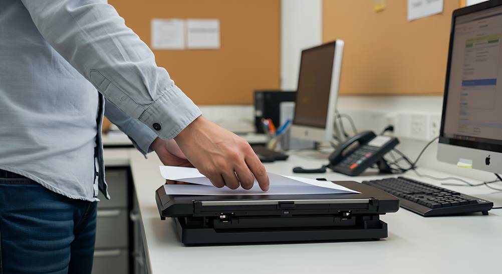 Ein Mann scannt ein Dokument auf einem getesteten Canon-Scanner. Man sieht nur einen Teil seines Körpers. Im Hintergrund sieht man ein Büro mit Schreibtisch und Bildschirmen.