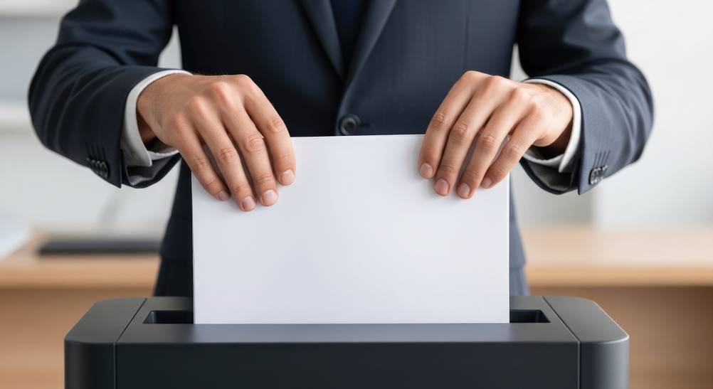 Ein Mann im Anzug steckt ein Platt Papier in einen getesteten Dahle-Aktenvernichter.