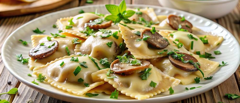 Ravioli selber machen getestet: Teller mit einem Ravioligericht mit Pilzen.