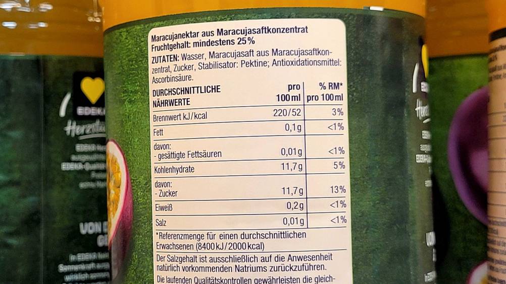 Maracujasaft-Test: Nahaufnahme der Nährwerte.