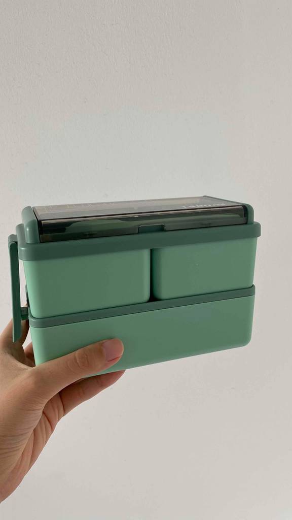 Eine Hand hält eine getestete Bento-Box vor eine helle Wand.