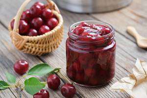 Marmeladenglas getestet: Ein kleines Glas mit Kirsch-Marmelade steht auf einem Holztisch neben einem Korb mit Kirschen.