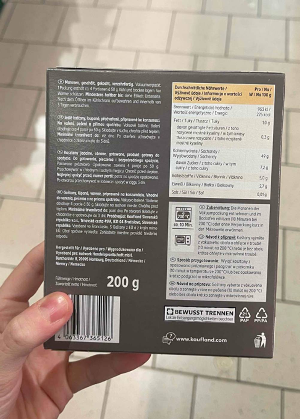 Maronen im Test: Rückseite der Verpackung mit Informationen.
