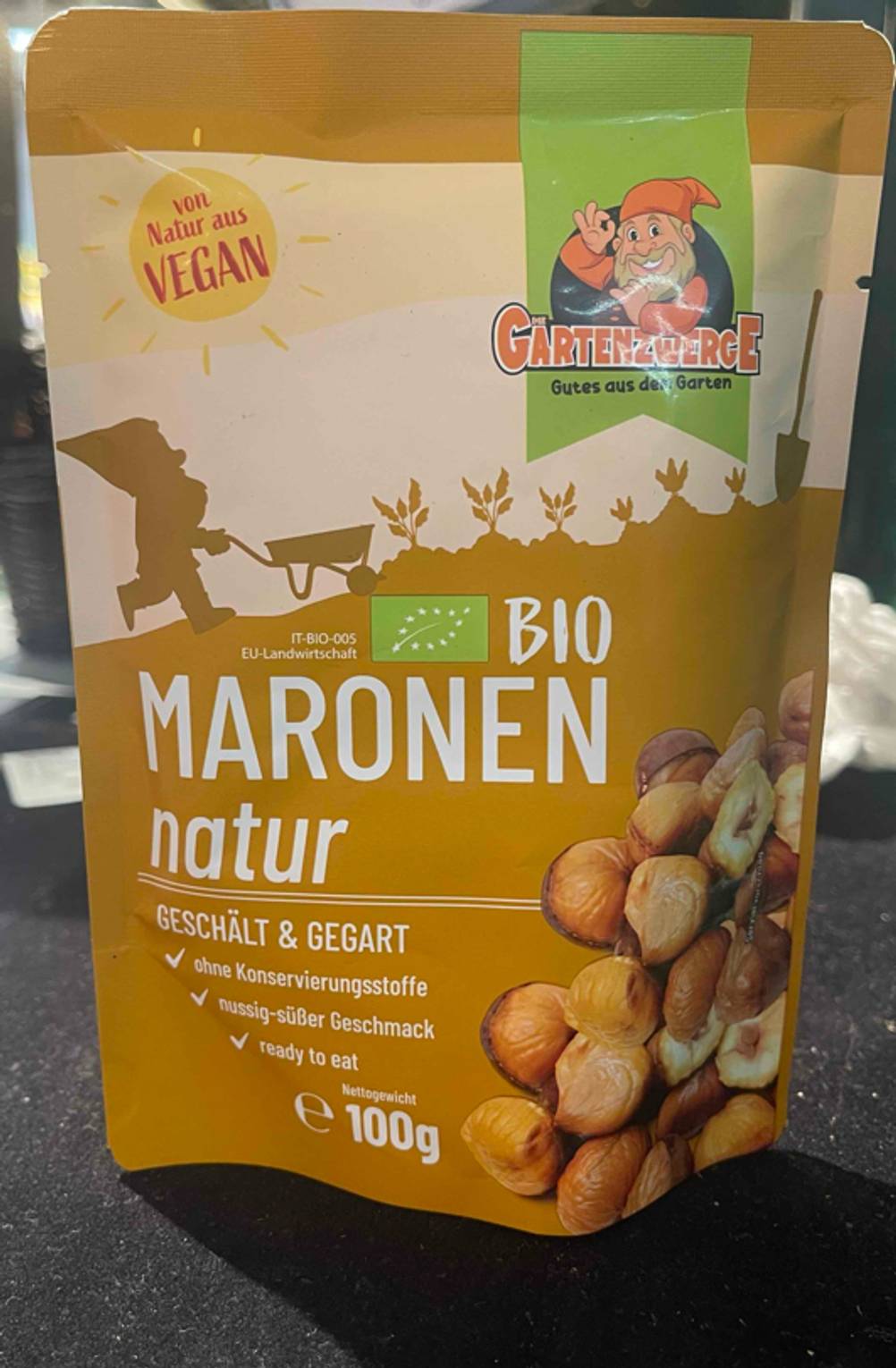 Maronen im Test: Eine Packung von vorne mit Logo und Artikelbezeichnung.