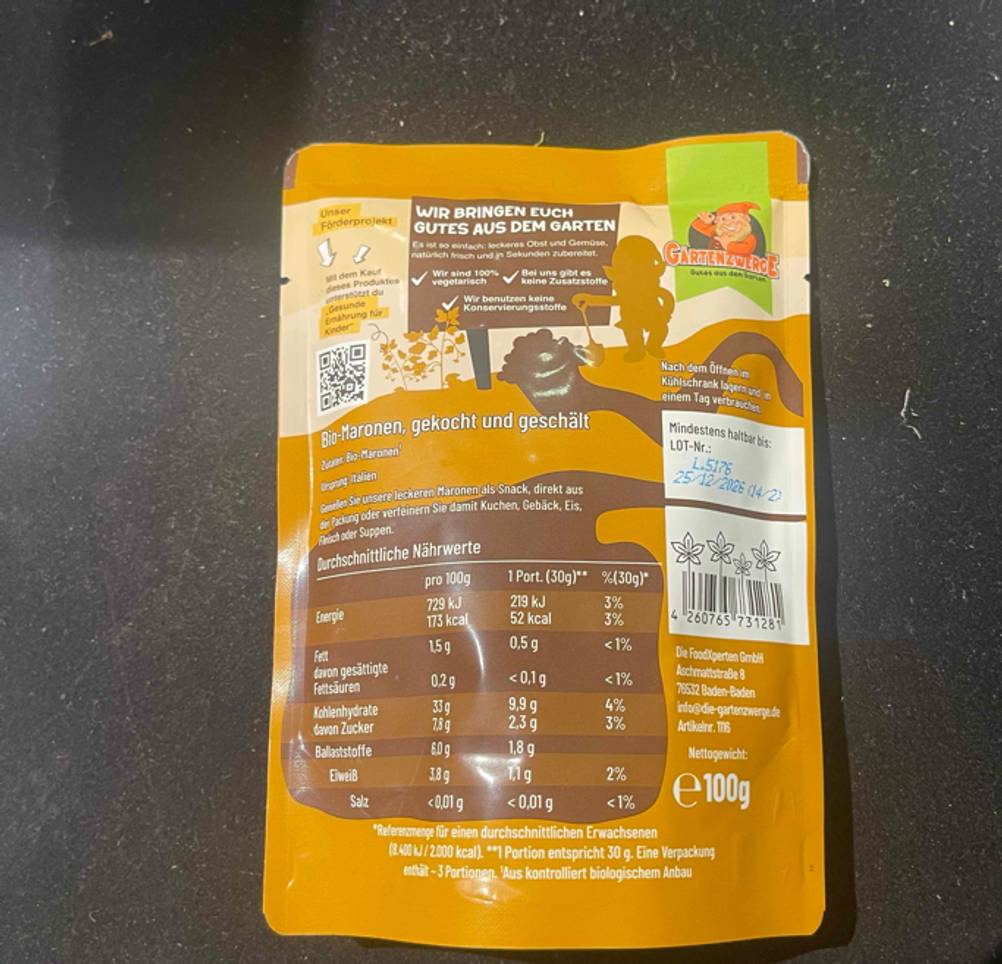 Rückseite der Verpackung der getesteten Maronen mit Nährwertangaben.