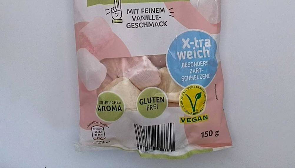 Marshmallows getestet: Nahaufnahme der Verapckung auf der Vorderseite mit Informationen.
