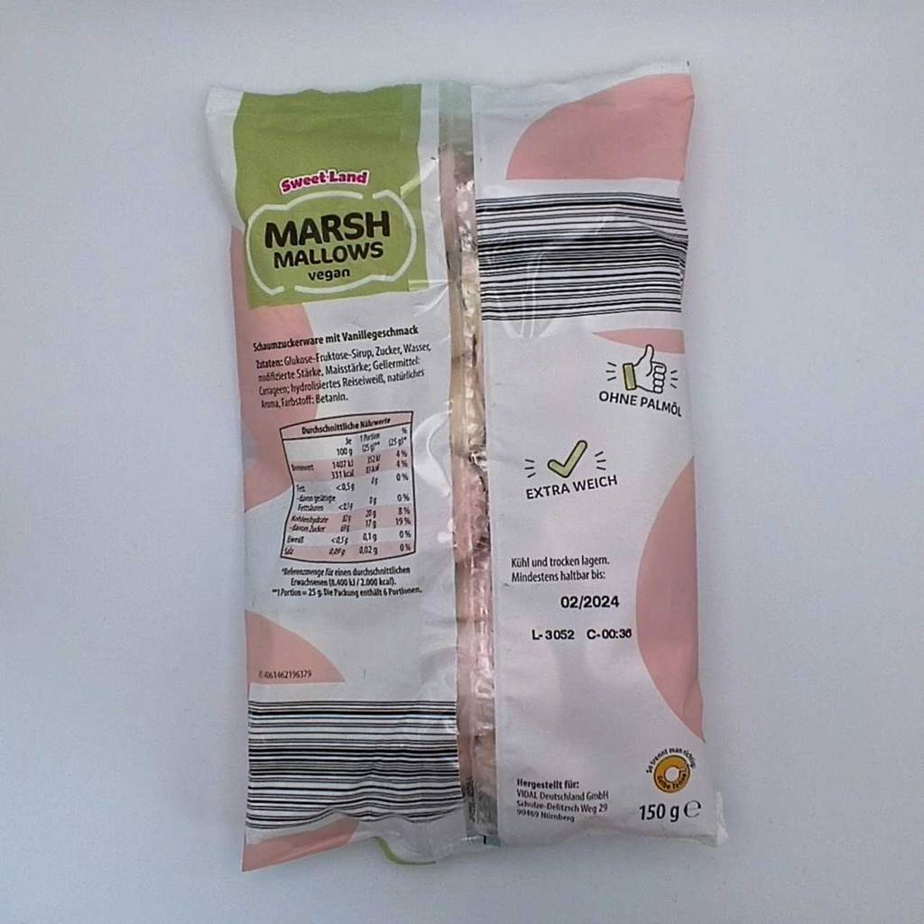Die Rückseite von einer getesteten Marshmallows-Packung mit Nährwertangaben. 