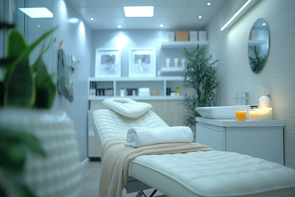 Massageliege-elektrisch-Test: Eine gepolsterte Massageliege steht in einem kosmetischen Behandlungszimmer.