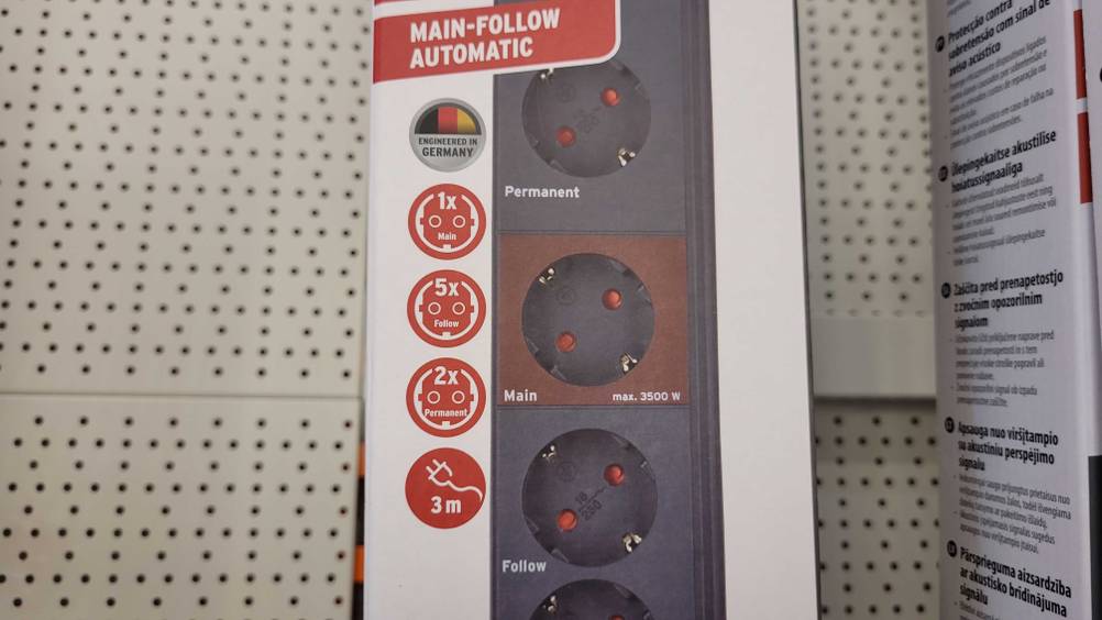 Nahaufnahme der Origianlverpackung mit einer Abbildung der Master-Slave-Steckdose im Test.