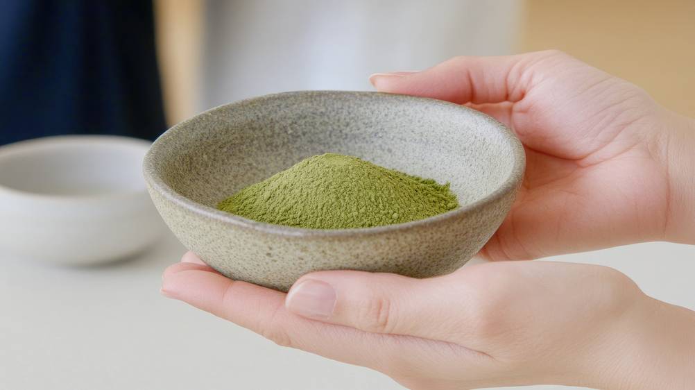 Matcha-Besen-Test: zwei Hände umfassen eine kleine Schale mit Matcha-Pulver.