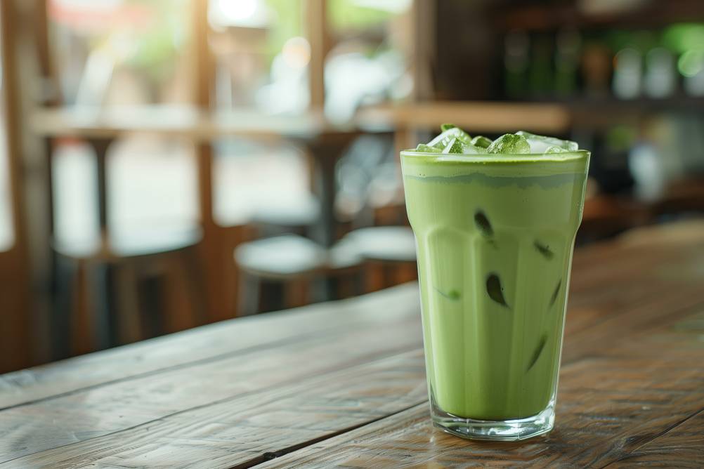 Matcha-Besen-Test: Ein Iced Matcha Latte steht auf einer Holztheke. 