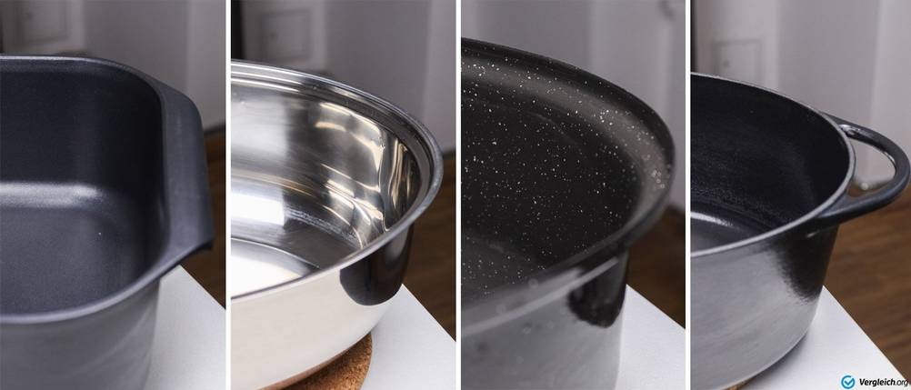 Bräter im Test: Nahaufnahmen von Brätern aus verschiedenen Materialien