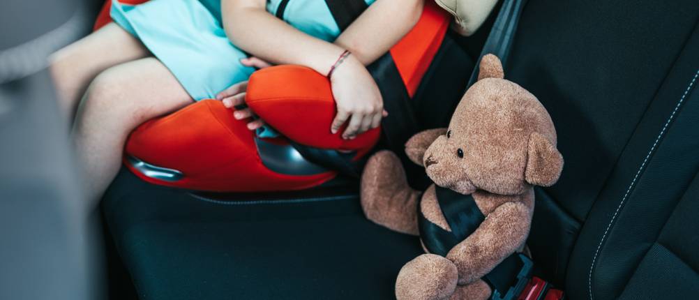 Maxi-Cosi-Kindersitz 9-36 kg im Test: Kind sitzt angeschnallt im Kindersitz, neben einem angeschnalltem Teddy.