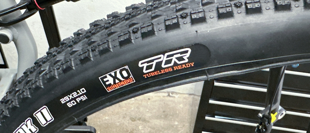 Seitliche Detailaufnahme des Maxxis Cubierta mit Tubeless-Ready-Markierung. Auch EXO-Schutz und Reifendruck sind lesbar.