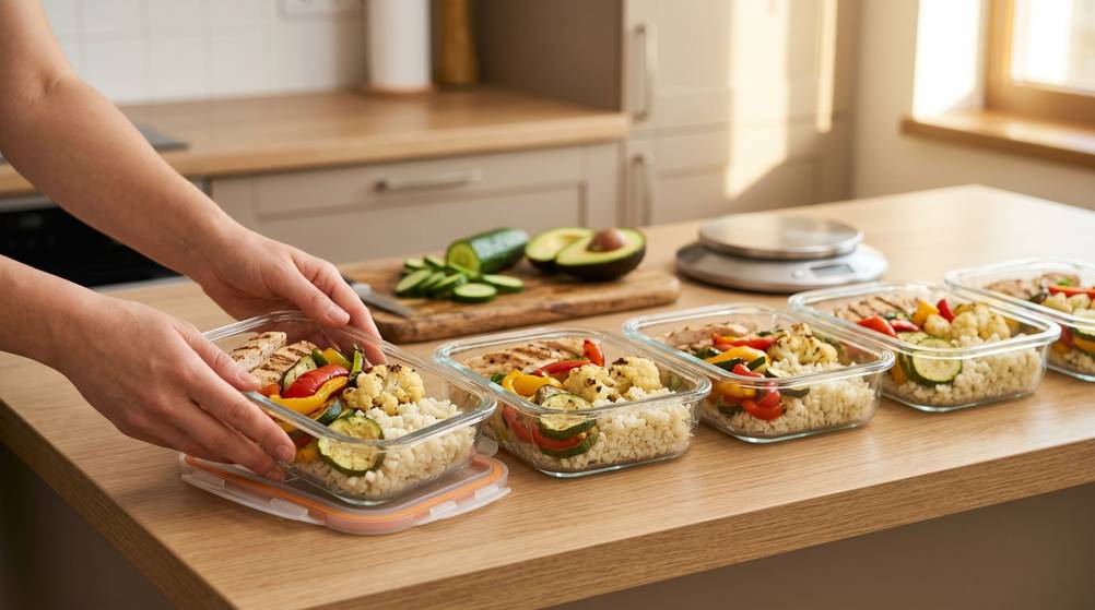 Eine Person hat mehrere Lunchboxes mit Reis, Hähnchen und Gemüse vorbereitet und hebt eine der Boxen vom Küchentresen.