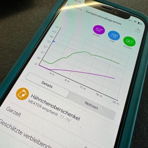 In der App des Meater-Fleischthermometer OSC-MT-MP01 ist ein Temperaturdiagramm zu sehen