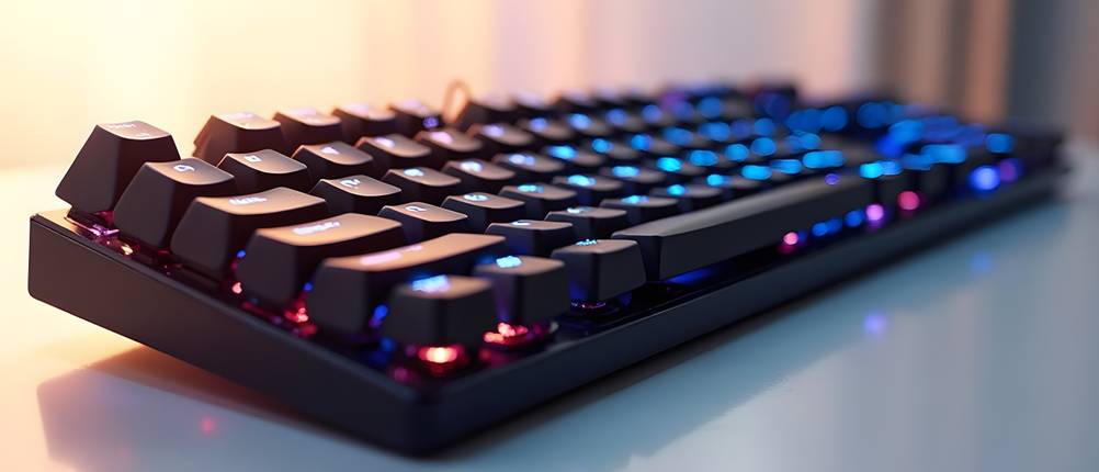 Mechanische-Tastatur-Test: Eine beleuchtete Tastatur steht auf einem Tisch.