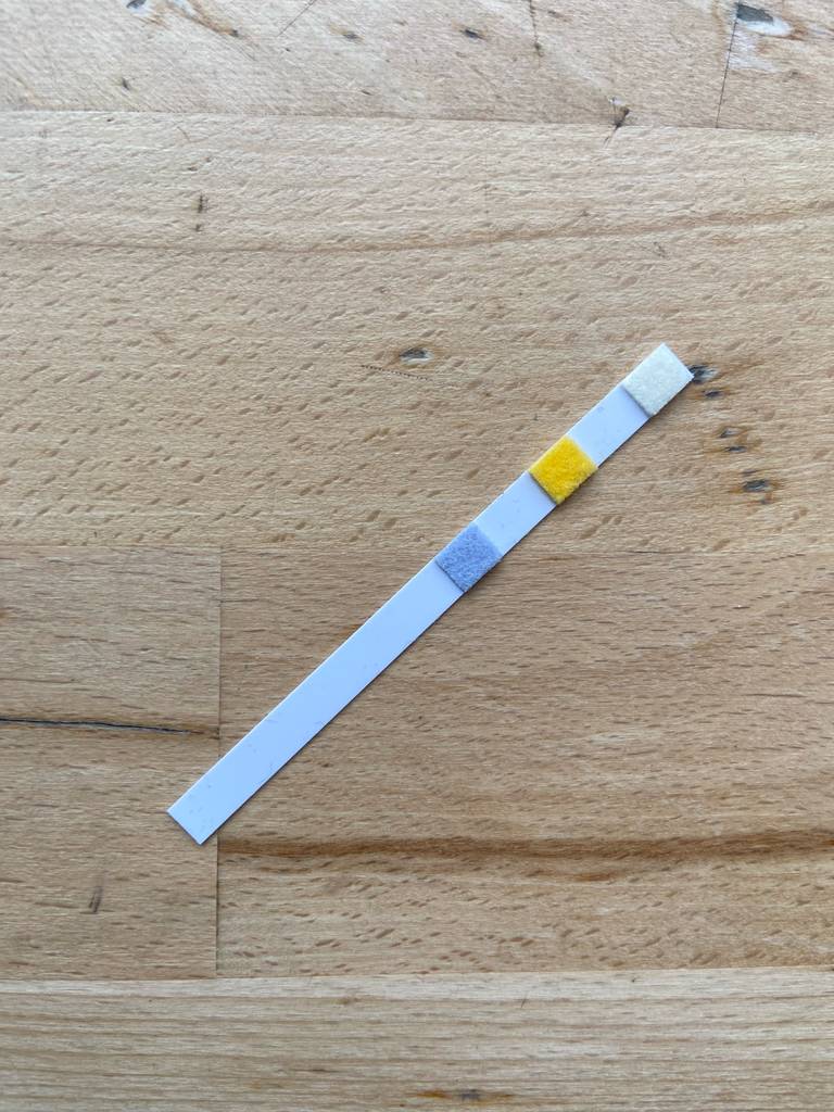 Im Test: Ein Pool-Teststreifen liegt auf einer Holzfläche.