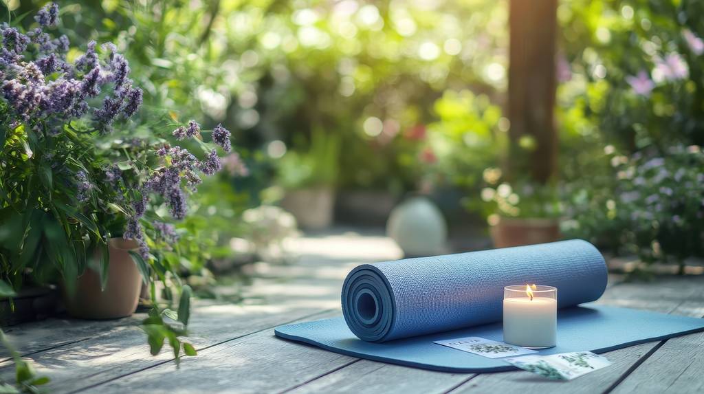 Meditationsmatte-Test: Auf einer Holzterasse liegen eine Meditationsmatte und eine Yogamatte. 