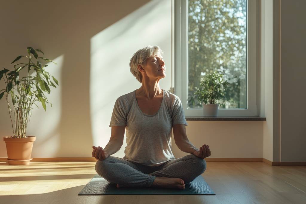 Meditationsmatte-Test: Eine Frau sitzt im Lotussitz auf einer Meditationsmatte und blickt in Richtung Sonnenlicht. 
