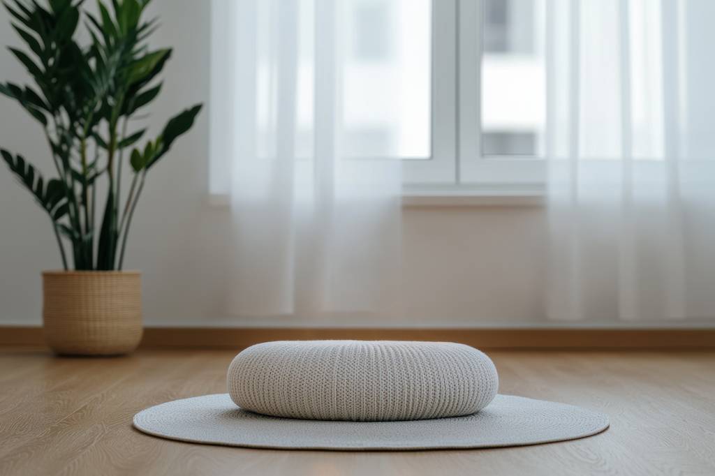 Meditationsmatte-Test: Auf einem Holzboden liegt eine runde Meditationsmatte mit einem Meditationskissen. 