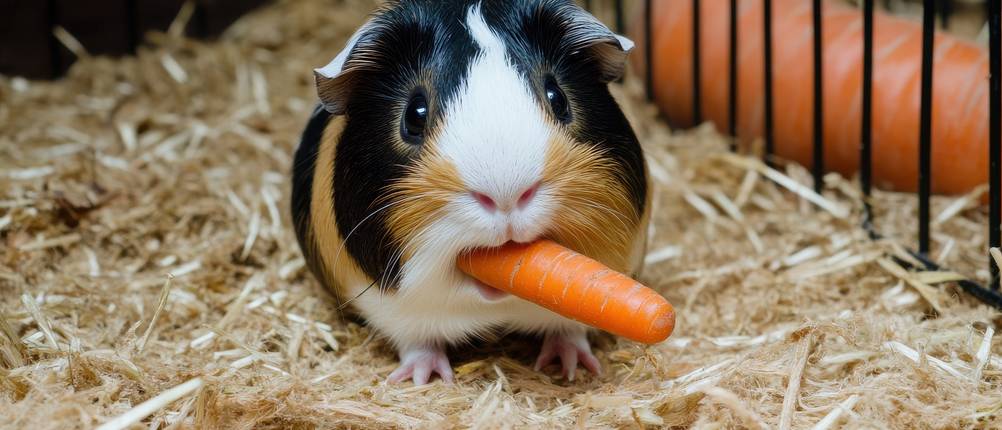 Meerschweinchenkäfig-Test: Ein Meerschweinchen in einem Käfig frisst eine Möhre. 