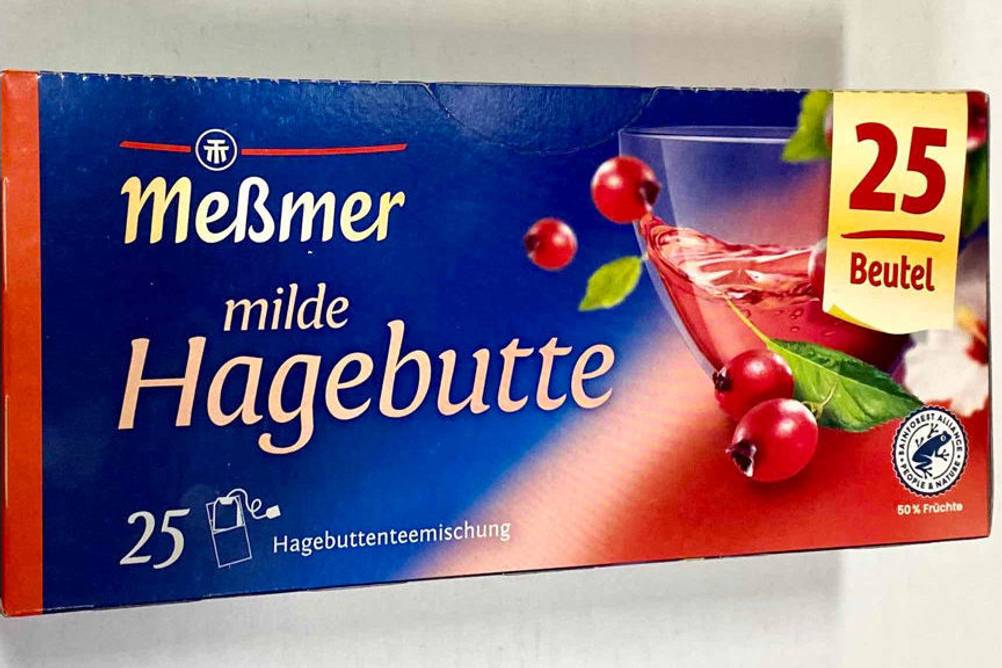 Im Test: Eine Packung Meßmer milder Hagebuttentee mit 25 Beuteln.