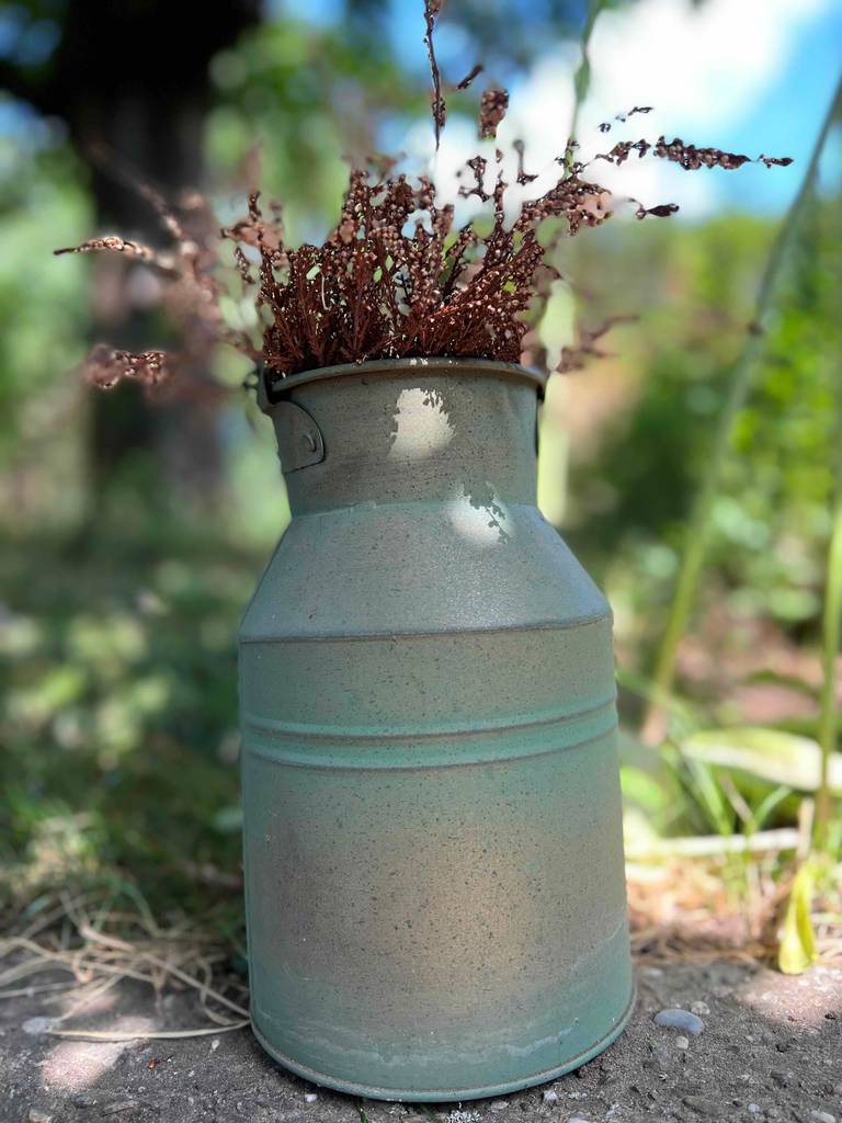 Pflanzkübel-Test: grün-graue Metallkanne mit Trockenblumen.