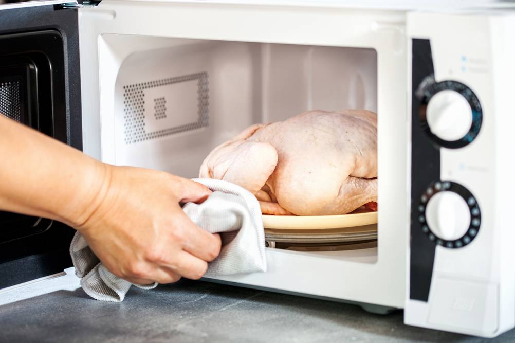mikrowelle-800-watt-test: ein Teller mit einem Huhn wird in die Mikrowelle gestellt. 