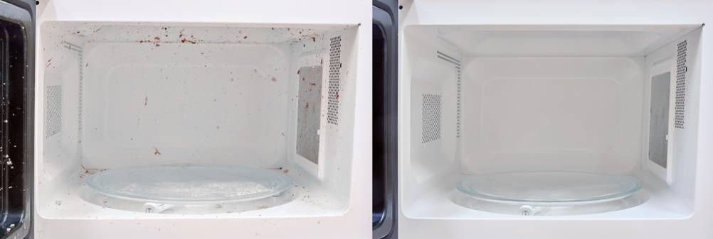 Weiße Mikrowelle im Test: Innenaufnahme einer dreckigen und sauberen Mikrowelle. 
