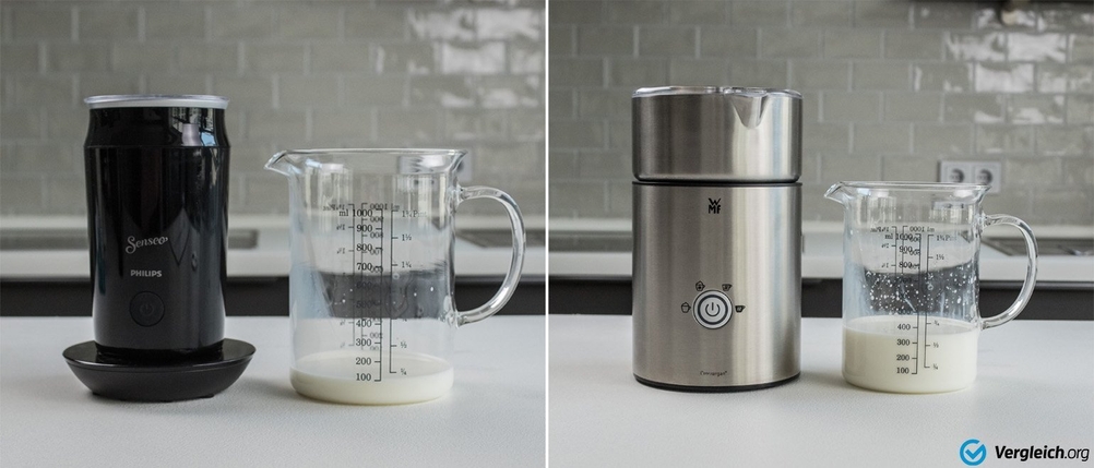 Zwei getestete Milchaufschäumer im Vergleich.