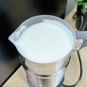 Frisch aufgeschäumte Milch im Nespresso Aeroccino 4. Die Oberfläche des Schaums ist glatt und zeigt feine Blasen.