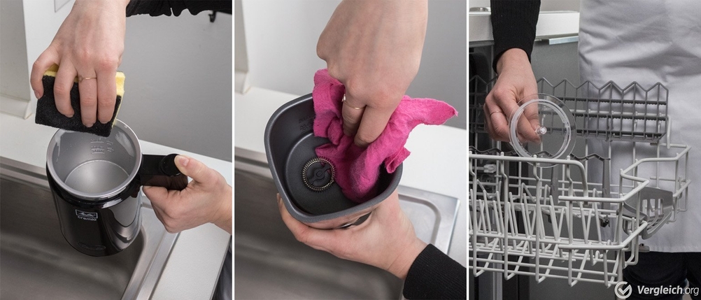 Ein Milchaufschäumer wird in drei Schritten gereinigt.