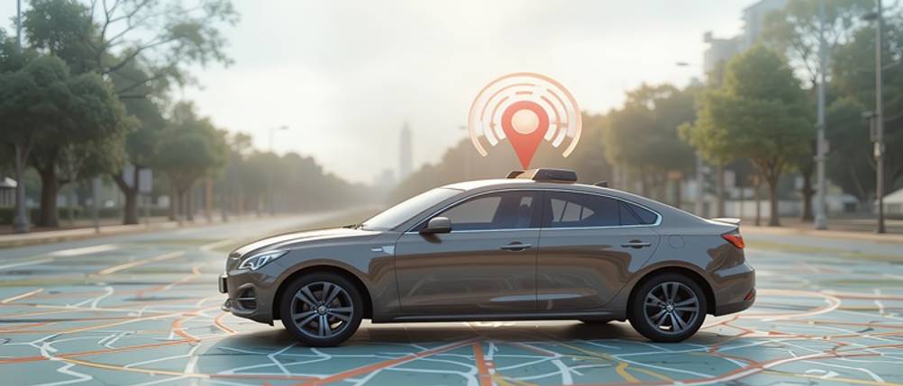 Mini-GPS-Tracker getestet: Ein parkender Mercedes mit nachträglich eingefügtem Standort-Symbol.